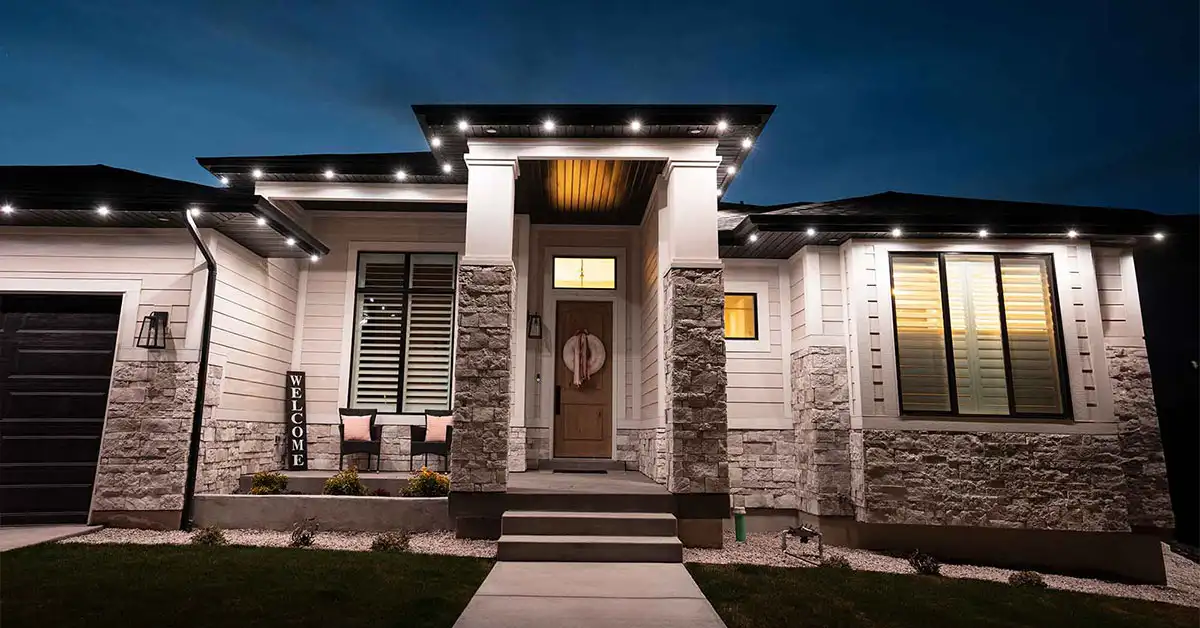 Modern single-story home at dusk with white permanent lighting along the rooflines and front entry